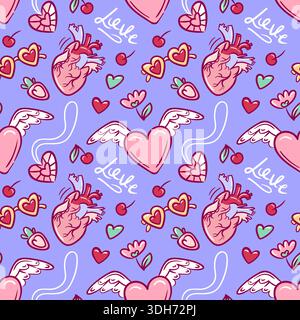 Motif romantique vif, coeurs joyeux avec des accents doux, design ludique avec des flèches et des motifs de bonbons, motif floral lumineux avec anatomique Illustration de Vecteur