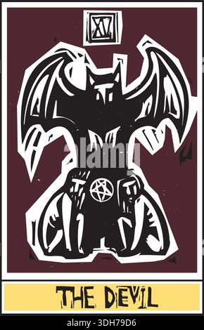 Image expressionniste gravée sur bois de Tarot Card 15, le Diable Illustration de Vecteur