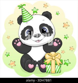 Carte d'anniversaire avec Panda de dessin animé mignon et cadeau. Illustration vectorielle animale sur fond vert avec des étoiles. Illustration de Vecteur
