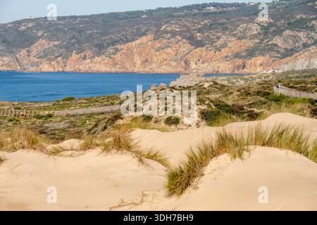 Dunes de sable vallonnées avec de l'herbe côtière surplombant les falaises rocheuses et l'océan Atlantique près de Guincho Cascais Portugal. Banque D'Images