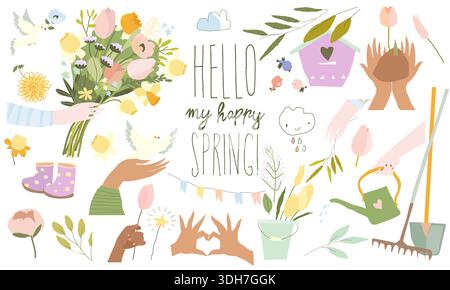 Ensemble de dessins animés avec des mains et des bouquets de fleurs de printemps Illustration de Vecteur