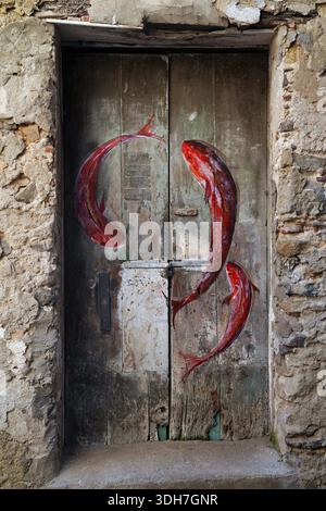 Une vieille porte en bois est décorée de poissons rouges peints dans un style artistique, nature morte, pizzo Banque D'Images