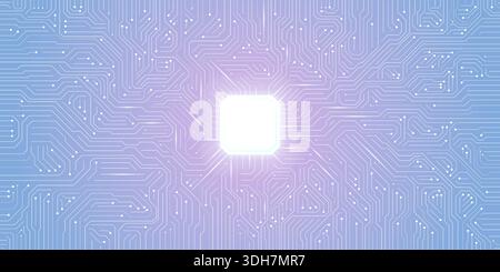 Carte de circuit imprimé ai futuriste bleue avec lignes de données lumineuses et concentrateur central de micropuce. Ce modèle numérique abstrait représente les systèmes cpu intelligents, clou Illustration de Vecteur