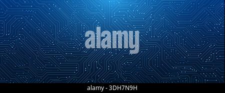 Interface hud numérique avec un fond d'écran bleu de carte de circuit imprimé ai et des éléments technologiques brillants. Ce modèle de carte mère est parfait pour le serveur intelligent dis Illustration de Vecteur
