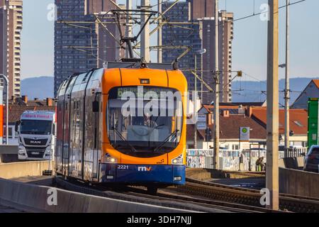 Straßenbahn auf der Kurt-Schumacher-Brücke, die Mannheim und Ludwigshafen über den Rhein verbindet. Betrieben wird das Straßenbahnnetz von der Rhein-Neckar-Verkehr GmbH RNV. // 16.01.2026, Mannheim, Bade-Württemberg, Deutschland *** tramway sur le pont Kurt Schumacher reliant Mannheim et Ludwigshafen par le Rhin le réseau de tramways est exploité par Rhein Neckar Verkehr GmbH RNV 16 01 2026, Mannheim, Bade-Württemberg, Allemagne Banque D'Images