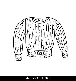 Icône de pull à manches longues tricoté noir et blanc dessiné à la main. Dessin de sweat-shirt monochrome en laine au trait Illustration de Vecteur