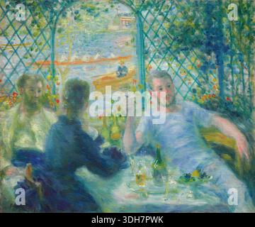 Déjeuner au Restaurant Fournaise (le déjeuner des rameurs) par Pierre-Auguste Renoir, 1875, figures dînant sur une terrasse ensoleillée au bord de la rivière avec bouteilles de vin et vignes fleuries au-dessus de la tête Banque D'Images
