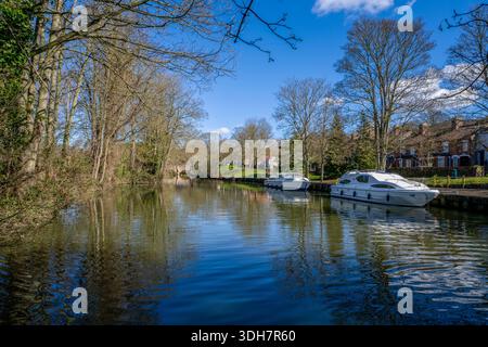 Croiseur typique de location de vacances amarré sur les rives bordées d'arbres de la rivière wensum dans la ville de norwich, norfolk s'élargit avec l'évêque historique bridg Banque D'Images