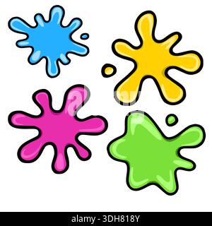 Éclaboussures vectorielles vibrantes de taches de peinture bleues, jaunes, roses et vertes avec des reflets brillants et des contours noirs, isolés sur blanc. Illustration de Vecteur