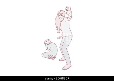 Abus à domicile et harcèlement.Femme terrifiée peur stressée mère debout et de demander arrêter la violence avec assis et couvrant oreilles enfant sur l'illustration vecteur de plancher Illustration de Vecteur