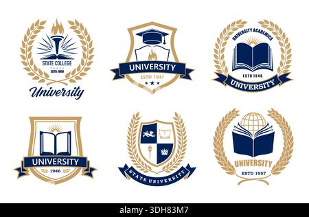 Icônes d'université, d'académie ou d'école et de collège de casquette académique avec livre et soleil, emblèmes vectoriels. Boucliers d'université ou badges d'université pour l'académie d'éducation des étudiants avec torche ou ruban de couronne de laurier Illustration de Vecteur