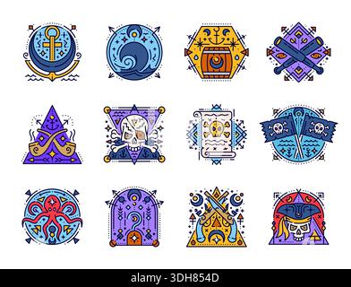 Symboles sacrés de pirate ésotérique et de corsaire. Ancre de bateau de pirate de vecteur, carte au trésor, crâne de corsaire et os croisés, drapeau de piraterie et icônes de ligne de couleur de crochet avec des symboles mystiques de lune, d'étoile et d'oeil ésotérique Illustration de Vecteur