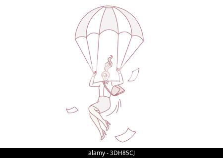 Stratégie commerciale et concept d'évacuation.Souriante femme d'affaires positive qui vole vers le bas avec des papiers tenant un parachute blanc rouge dans l'illustration du vecteur de ciel Illustration de Vecteur