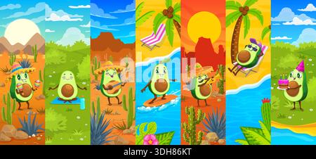 Personnages vectoriels d'avocat mexicain joyeux de dessin animé jouant de la guitare et de la trompette, se relaxant sur un transat et tenant un gâteau, dansant avec des maracas, méditant, surfant et célébrant l'anniversaire de l'avocat Illustration de Vecteur