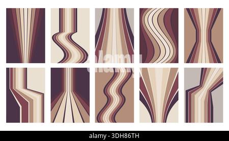 Un ensemble de dix arrière-plans abstraits avec des rayures verticales de style rétro des années 70 et des lignes ondulées dans des tons de terre vintage. Parfait pour les affiches, l'art de couverture, donc Illustration de Vecteur