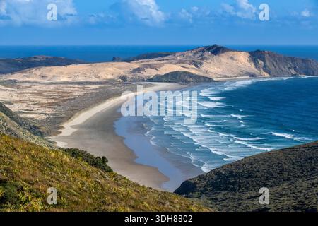 Te Werahi Beach CAPE REINGA NOUVELLE-ZÉLANDE Cliff surplombe le sentier côtier et le promontoire des dunes de sable. Cape Maria van Diemen de Cape Reinga, Northland, Nouvelle-Zélande Banque D'Images