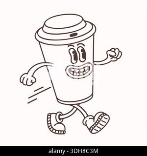Line Coffee Cup personnage dans un style de dessin animé groovy simple marchant avec des lignes de vitesse. Illustration vectorielle de tasse à café pour autocollants, pages de coloriage, nourriture Illustration de Vecteur