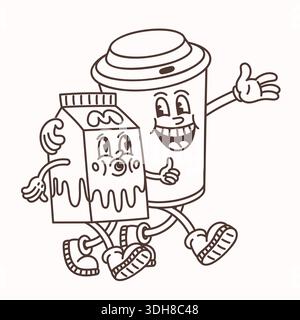 Personnages de carton de café et de lait marchant ensemble dans un style de dessin animé de ligne groovy simple. Illustration vectorielle de tasse à café et de boîte à lait pour les autocollants Illustration de Vecteur