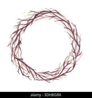 Une couronne ronde brune de branches sèches entrelacées. Illustration aquarelle sur un fond isolé. Un clipart de cadre rond pour décorer Noël Banque D'Images