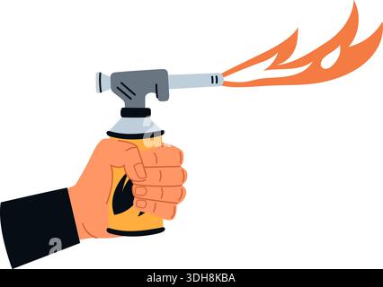 Mans tient la bouteille de gaz pour brûler le feu. BRULEUR de bras. Flamme de camping. Écoulement Blaze de la buse. Torche domestique. Chalumeau portatif. Propane butane Illustration de Vecteur