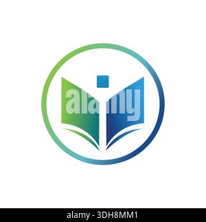 logo pédagogique circulaire épuré et moderne avec des pages de livre stylisées vertes et bleues avec une silhouette humaine minimaliste. Illustration de Vecteur