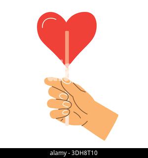 Main tenant une sucette en forme de coeur comme symbole d'amour, de douceur et d'émotions romantiques, visuel parfait pour la Saint-Valentin, relations, cadeaux et Illustration de Vecteur