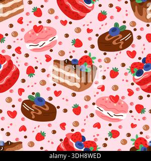 Pâtisseries sucrées à motif sans couture. Tranches de gâteau des fêtes. Glaçage au chocolat et crème de fruits sucrés. Délicieuse confiserie. Impression répétée. Nourriture d'anniversaire Illustration de Vecteur