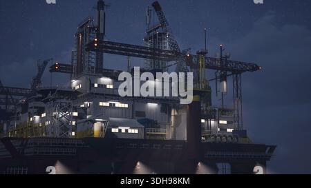 Navire d'installation de production d'énergie maritime extrayant du combustible fossile des réserves d'eau profonde à l'aide de grues la nuit. Barge de forage industrielle massive dans l'océan sombre, 24 heures d'opération non-stop Banque D'Images