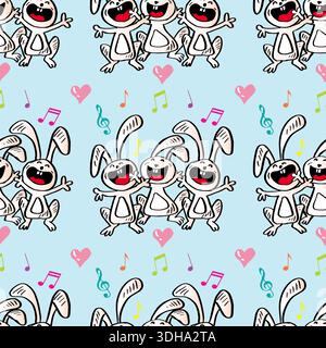 Motif sans couture avec des lapins de dessin animé mignons et des notes de musique. Illustration vectorielle. Illustration de Vecteur