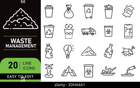 Collection de 20 icônes de ligne de gestion des déchets, y compris des poubelles, des symboles de recyclage et des illustrations de camions à ordures Illustration de Vecteur