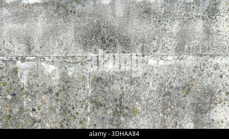 Vue détaillée d'un mur de béton gris altéré présentant une fissure horizontale proéminente, une texture granuleuse et des taches de croissance de mousse pour une grotte âgée Banque D'Images