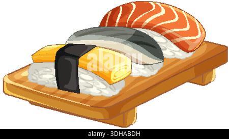 Illustration vectorielle de saumon frais, maquereau et sushi nigiri aux œufs sur une planche de service en bois Illustration de Vecteur