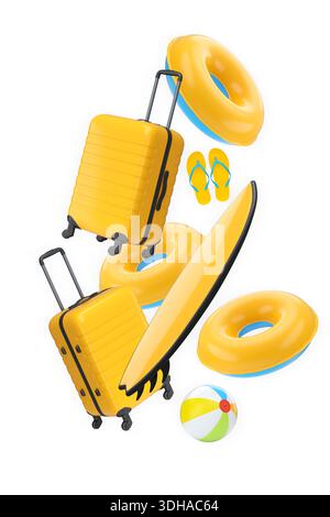 Valises colorées, planche de surf, tongs, et anneaux de natation isolés sur un fond blanc, représentant le plaisir des vacances d'été. Banque D'Images