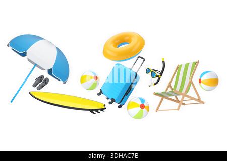 Les articles de vacances d'été, y compris les valises, les ballons de plage, la chaise et les accessoires isolés sur fond blanc, concept de voyage de vacances. Banque D'Images