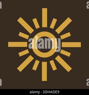 Symbole géométrique du soleil avec des rayons courts et un cercle central dans les tons dorés sur un fond carré foncé Illustration de Vecteur
