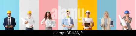 Ensemble de différents ingénieurs sur fond de couleur Banque D'Images