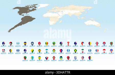 Cartes du monde avec drapeaux à épingle de pays américain. Grande collection de cartes et de drapeaux. Illustration de Vecteur