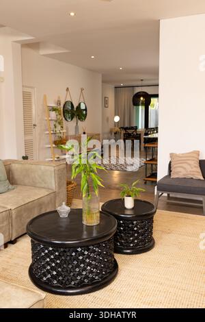 Paire de tables basses tissées noires assis sur un tapis de jute avec vase en bambou dans le salon Banque D'Images