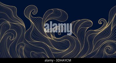 Motif de vague abstrait de luxe, lignes d'or élégantes sur fond sombre. Conception vectorielle japonaise premium, courbes de flux, éléments géométriques, étiquette de vin Illustration de Vecteur