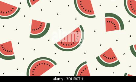 Un motif vectoriel sans couture vibrant et moderne avec des tranches de pastèque rouge stylisées avec des croûtes vertes et des graines noires. Illustration de Vecteur