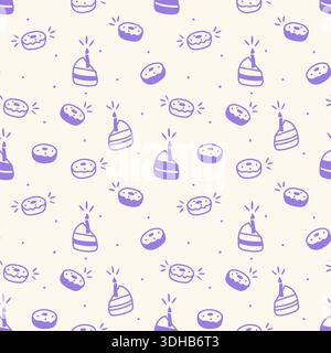 Motif d'anniversaire avec des beignets violets et des tranches de gâteau avec des bougies, silhouettes de dessert sur fond crème doux. Illustration vectorielle Illustration de Vecteur