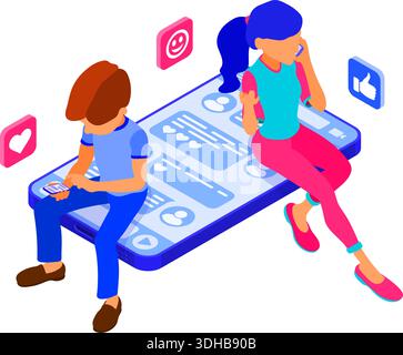 isométrique guy et fille chat dans les réseaux sociaux envoyer des messages photo selfie appel à l'aide de smartphone. Rencontres en ligne amour amitié relations virtuelles. Illustration de Vecteur