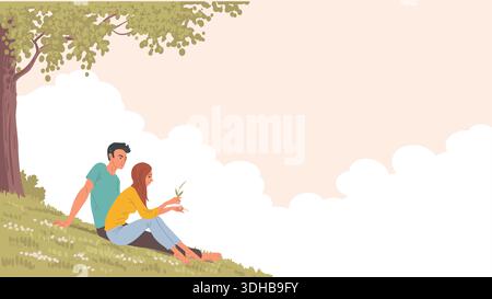 Jeune couple de détente sur la bannière de paysage de la nature Illustration de Vecteur