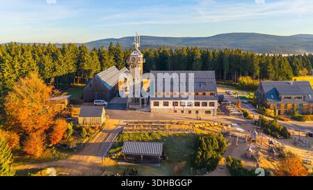 Kralovka Lookout Tower se dresse fièrement dans les montagnes de Jizera. Entourés d'un feuillage automnal dynamique, les visiteurs apprécient la beauté pittoresque des couleurs automnales et du ciel dégagé de la nature. Banque D'Images