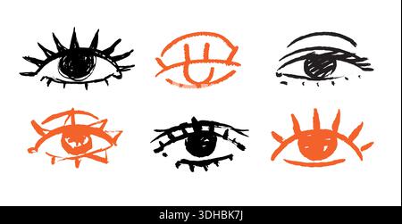 Belle collection d'yeux de femmes grunge pour cosmétiques, parfums et designs de beauté. Féminisme. Éléments de soin de la peau et du visage. Pinceau fait mignon simple et Illustration de Vecteur