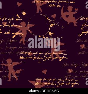Modèle sans couture vintage Cupidon sombre romantique sur fond noir, script illisible, texte Illustration de Vecteur