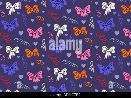 Joli motif sans couture. Impression de fête avec des noeuds colorés, des cadeaux, des confettis, des coeurs lilas, des lignes ondulées sur fond violet. Décor en papier d'emballage imprimable. Banque D'Images