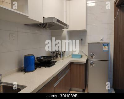 Intérieur de cuisine moderne avec réfrigérateur en acier inoxydable et cuisinière électrique Banque D'Images