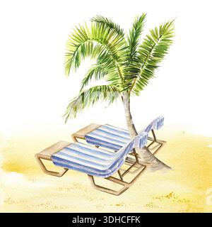 Palmier tropical aquarelle avec des feuilles vertes sur la plage de sable, chaises longues au bord de l'océan, serviettes rayées, lagon, île dans l'océan Indien, vacances, mer R Banque D'Images