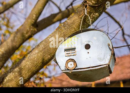 Un nichoir rond en métal vieilli pend à une branche d'arbre, orné d'un soleil peint. Décor rustique parfait pour les jardins, les cours et le spa inspiré de la nature Banque D'Images